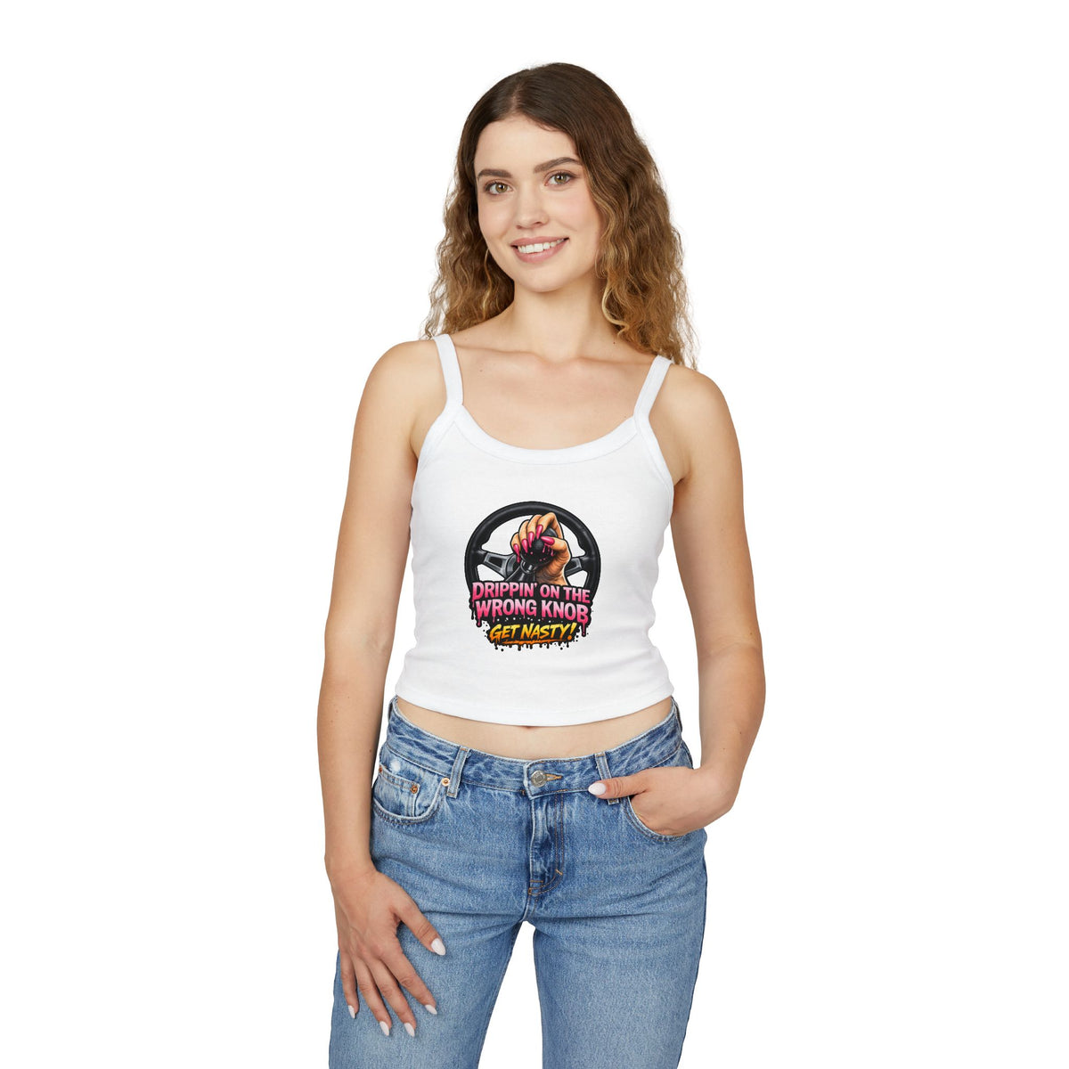 Spaghetti Tank Top — "Drippin' On The Wrong Knob, Get Nasty!" Graphic Cropped Tank - Lifted Grounds Coffee co